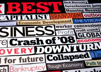 Newspaper and magazine headlines detailing the economic recession and recovery