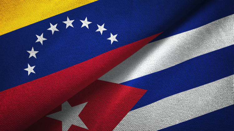 Venezuela and Cuba two flags textile cloth, fabric texture