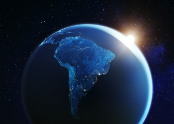 South America viewed from space with sunrise on planet Earth and stars, overview of Amazon river and forest, night lights from cities in Brazil, Argentina, Chile, Peru, map elements from NASA, 8k