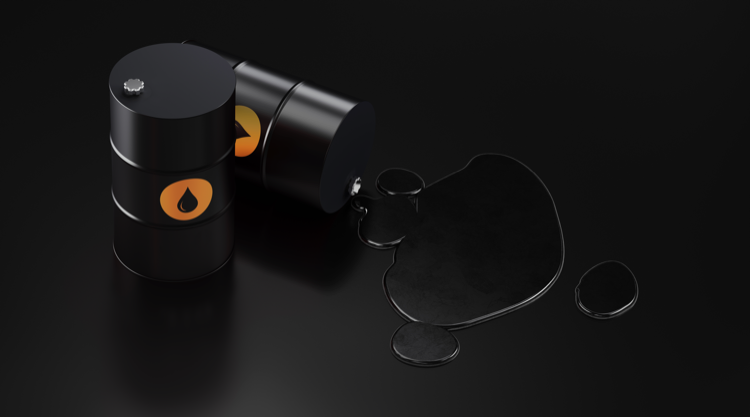 Oil Drums and Oil Spill on Black Background- Oil Industry Concept