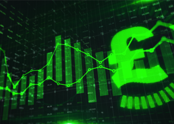 Stock market Pound trading graph in green color as economy 3D illustration background.