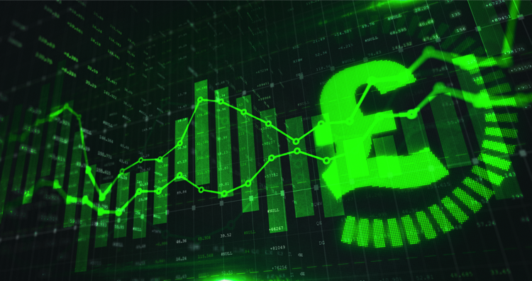 Stock market Pound trading graph in green color as economy 3D illustration background.