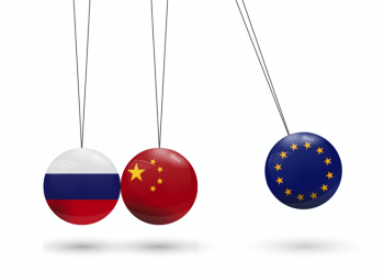 Russia, China, EU, perpetual motion balls colliding in white background