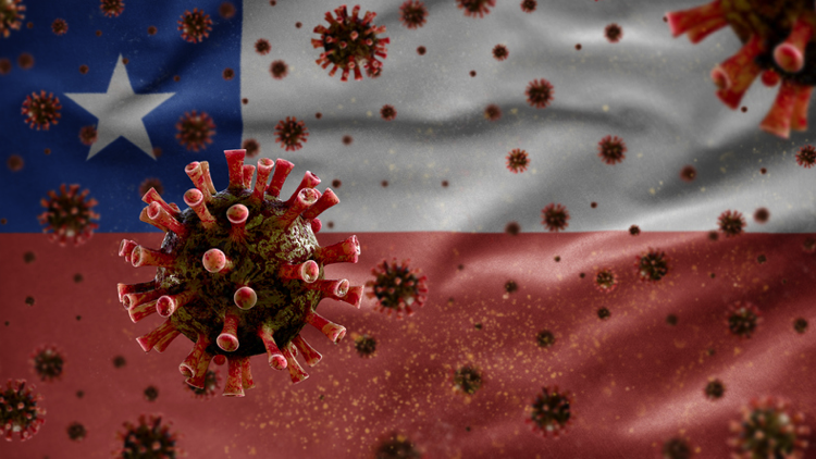 Chilean flag waving with Coronavirus outbreak. Pandemic Covid 19 virus Chile
