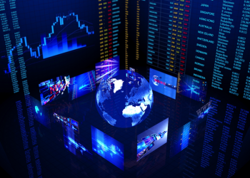Digital world business center in blue with lights