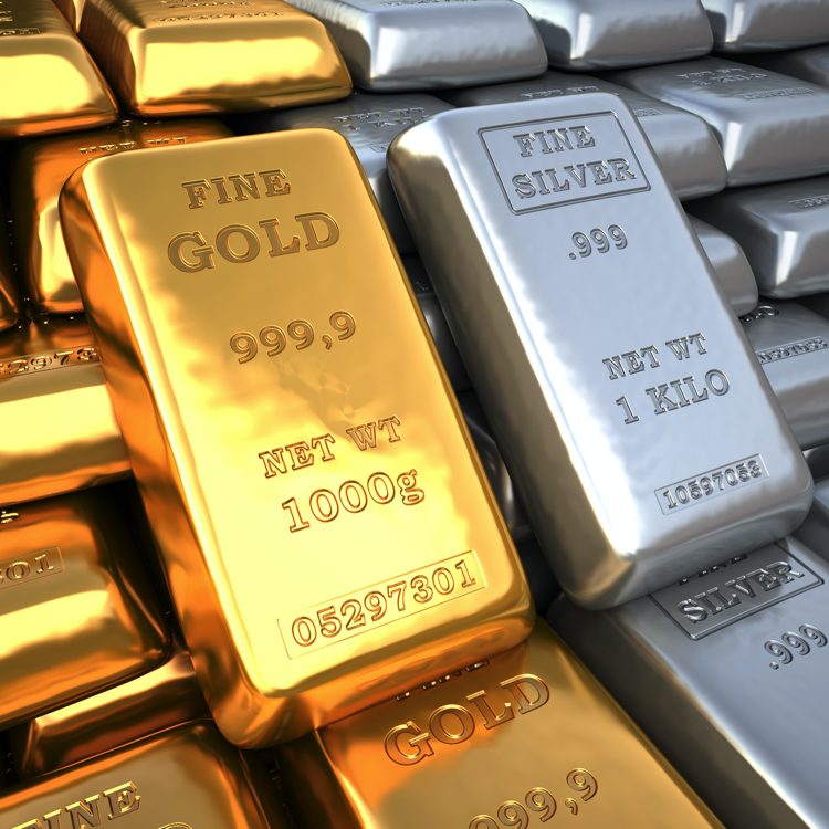 Silver ingot and gold bullion. Finance illustration