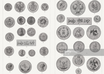International Gold And Silver Coins 19th Century Woodcuts Published 1897 High-Res Vector Graphic