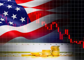 USA America flag candlestick graph background Stock market exchange analysis / indicator of changes graph chart business finance money investment