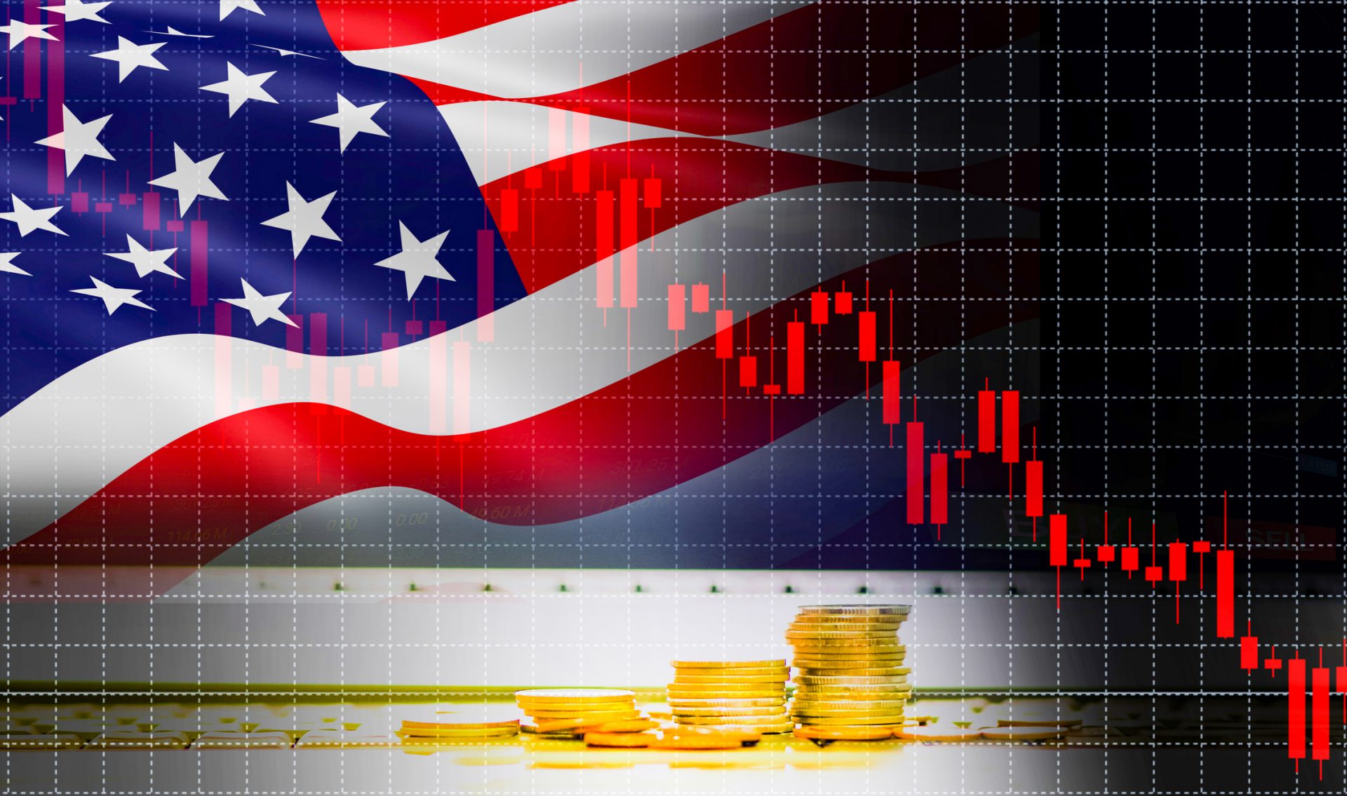 USA America flag candlestick graph background Stock market exchange analysis / indicator of changes graph chart business finance money investment