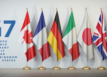G7 summit or meeting concept. Row from flags of members of G7 group of seven and list of countries,