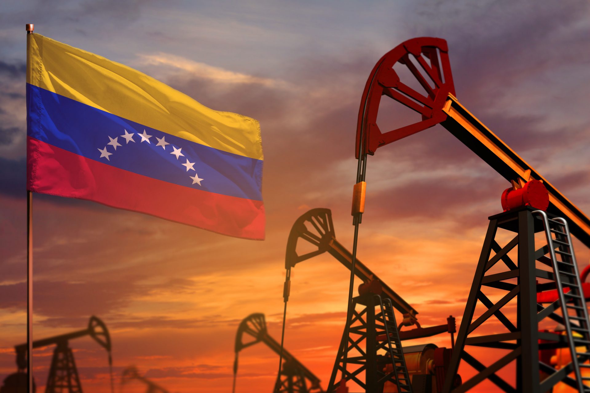 Venezuela oil industry concept. Industrial illustration - Venezuela flag and oil wells with the red and blue sunset or sunrise sky background - 3D illustration