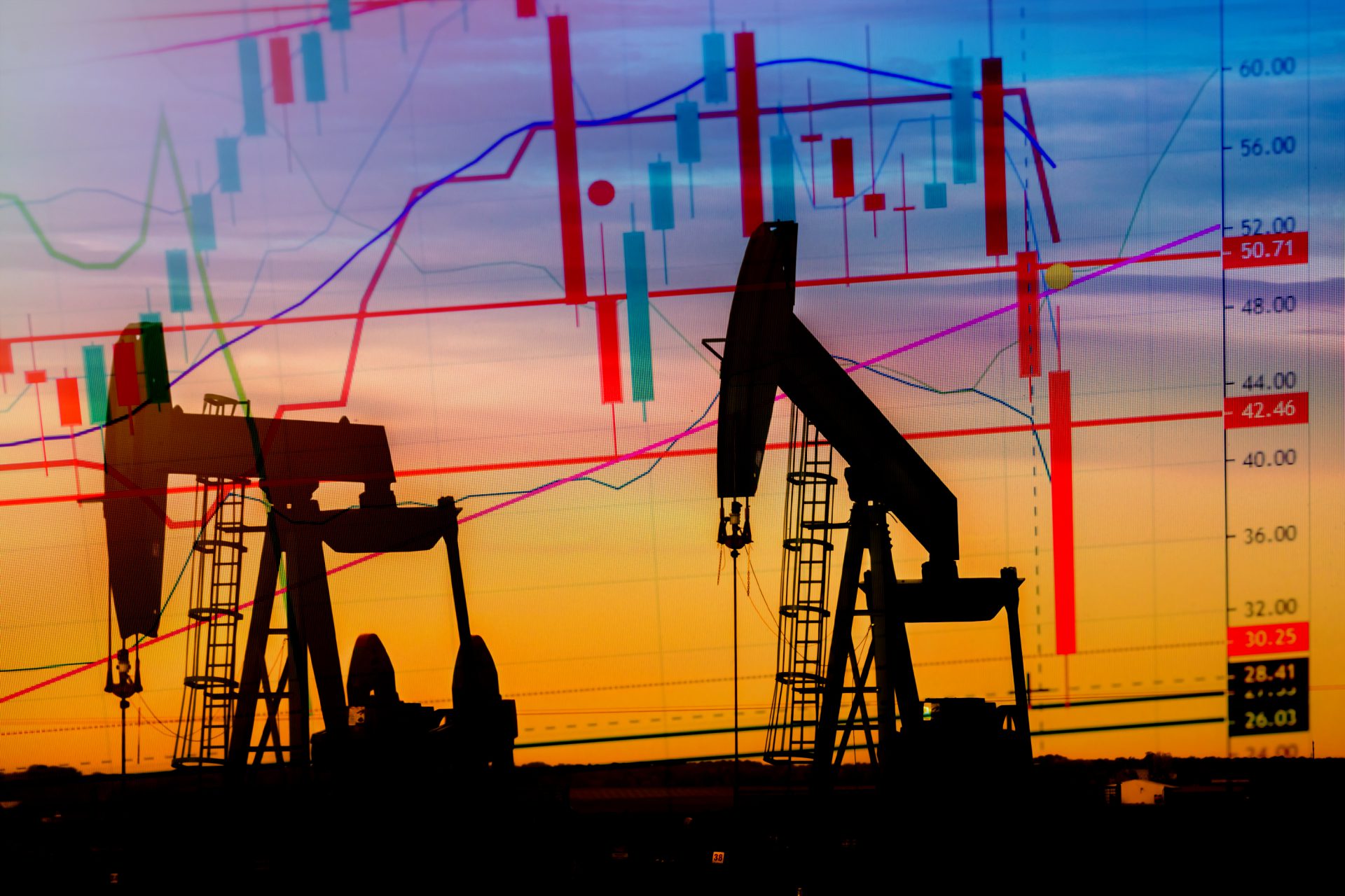 Illustration depicting the historic fall in the price of oil with an oil well in silhouette in the background