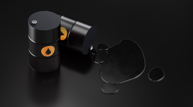 Oil Drums and Oil Spill on Black Background- Oil Industry Concept
