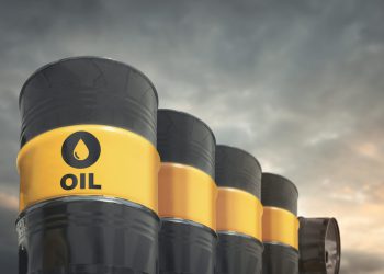 Crude oil barrels in a row