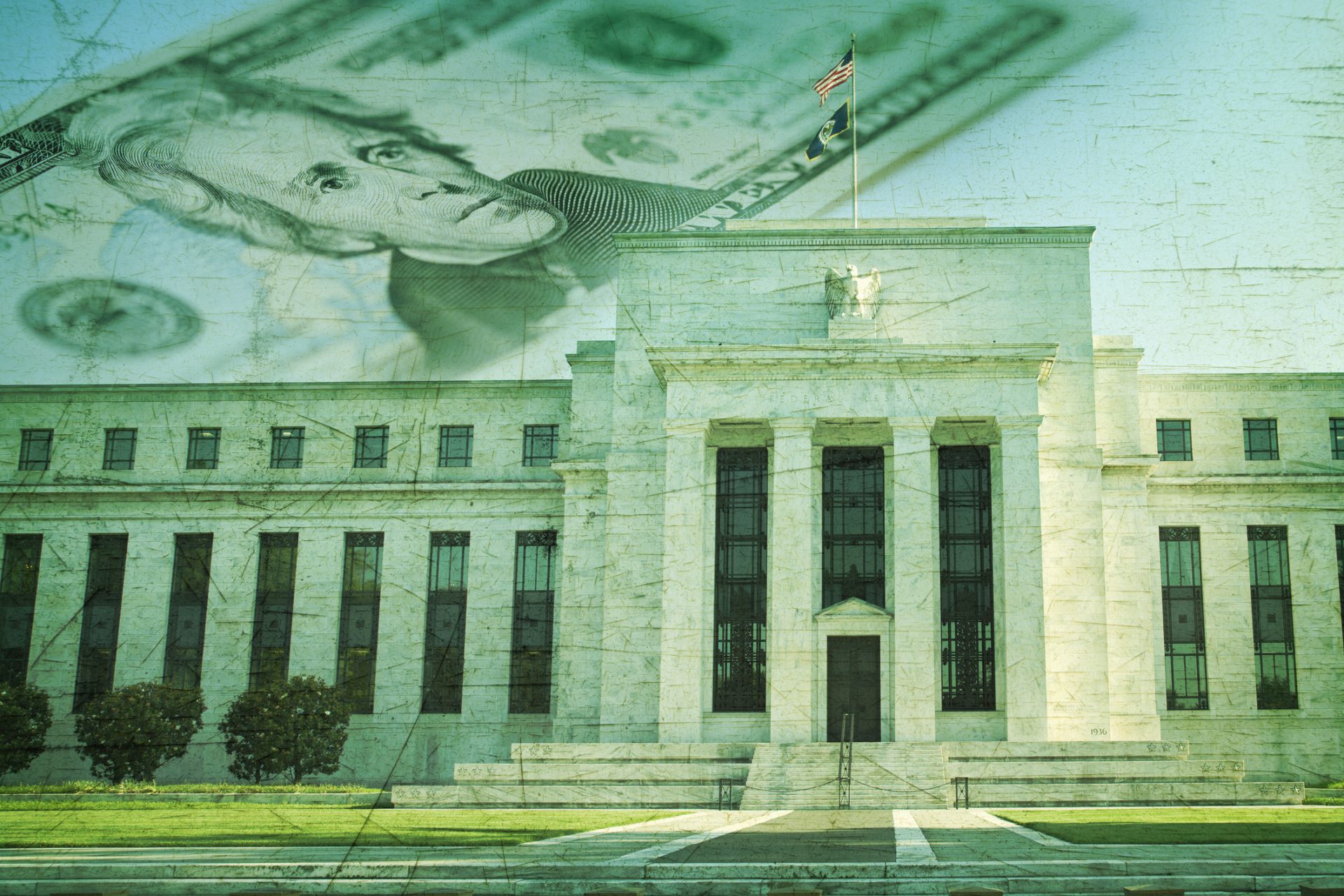 Federal Reserve building with twenty dollar bill on grunge texture
