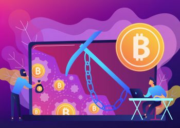 Scammer in mask stealing cryptocurrency from mining pool on laptop. Hidden mining, miner bot and mining virus concept on ultraviolet background. Bright vibrant violet vector isolated illustration