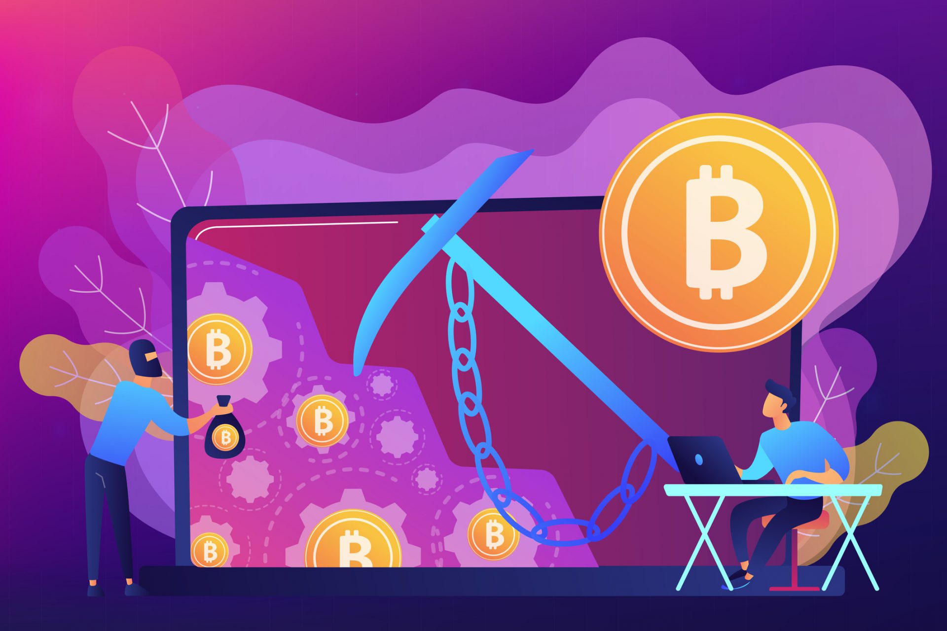 Scammer in mask stealing cryptocurrency from mining pool on laptop. Hidden mining, miner bot and mining virus concept on ultraviolet background. Bright vibrant violet vector isolated illustration