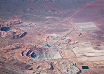 aerial view of open-pit copper mine in Atacama desert, Chile