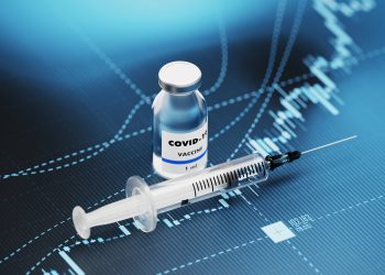 COVID-19 vaccine and syringe sitting over blue financial graph background. Selective focus. Horizontal composition with copy space. COVID-19 Vaccine and Stock market and finance concept.