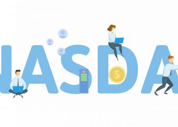 NASDAQ, Stock Market. Concept with keywords, people and icons. Flat vector illustration. Isolated on white background.