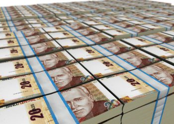 3D illustration of Peru 20 Soles bills stacks background