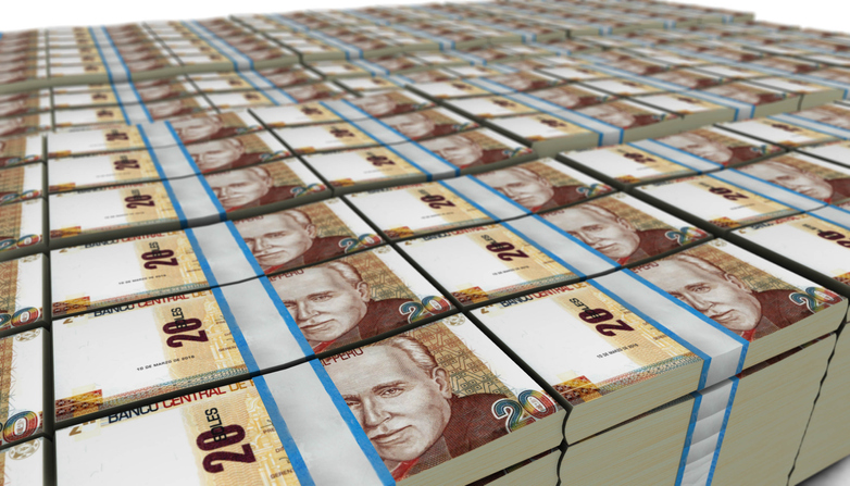 3D illustration of Peru 20 Soles bills stacks background