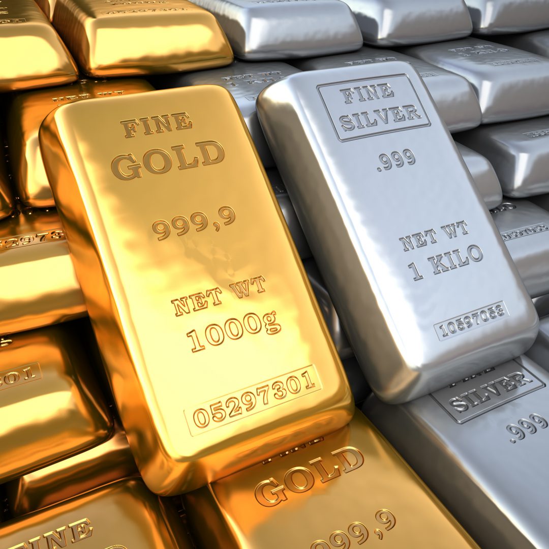 Closeup silver ingots and golden bullions in bank vault. Finance 3d illustration