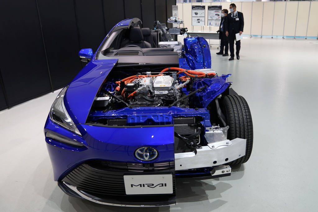 A cutaway model of the Toyota Motor Corp. Mirai fuel cell electric vehicle (FCEV) during a media event at the company's showroom in Tokyo, Japan, on Wednesday, Dec. 9, 2020. The second generation of Toyota's hydrogen FCEV allows a 30% increase in it's driving range to around 650 km, according to the company. Photographer: Toru Hanai/Bloomberg via Getty Images