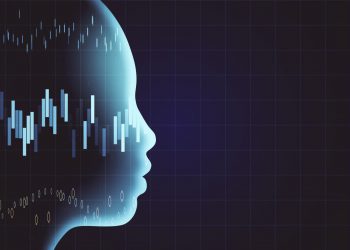 Glowing woman head outline with stock chart on blue background. AI and invest concept. 3D Rendering