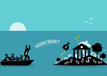 Vector illustration concept of money laundering, embezzlement, offshore banking to avoid tax, tax evasion, business crime, and illegal income.