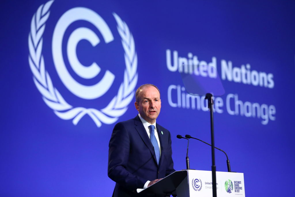 GLASGOW, SCOTLAND - NOVEMBER 02: Ireland's Prime Minister (Taoiseach) Micheal Martin speaks during the UN Climate Change Conference during day three of COP26 at SECC on November 2, 2021 in Glasgow, United Kingdom. COP26 is the 2021 climate summit in Glasgow. It is the 26th "Conference of the Parties" and represents a gathering of all the countries signed on to the U.N. Framework Convention on Climate Change and the Paris Climate Agreement. The aim of this year's conference is to commit countries to net zero carbon emissions by 2050. (Photo by Hannah McKay - Pool/Getty Images)