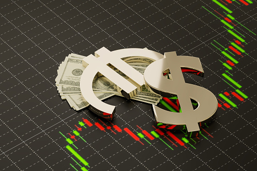 Eurusd forex market trading symbols on dollar money and forex chart, 3D illustrations rendering