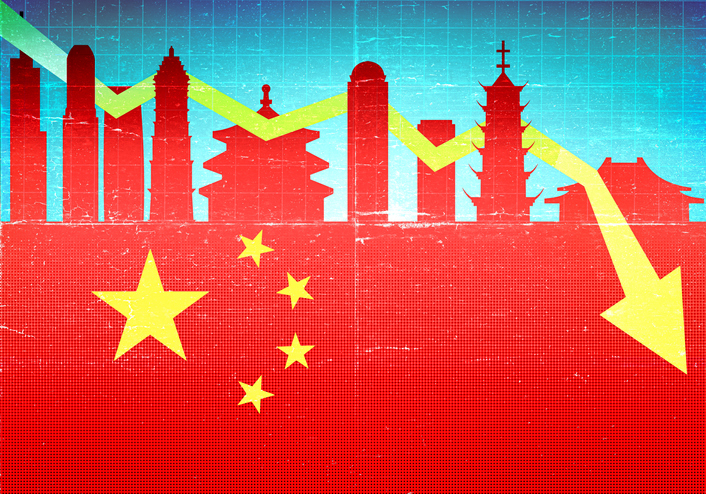 Concept illustration of the difficult situation of the big China real estate company. The illustration shows a background of the China flag with a graph among the cityscape of some chinese buildings.