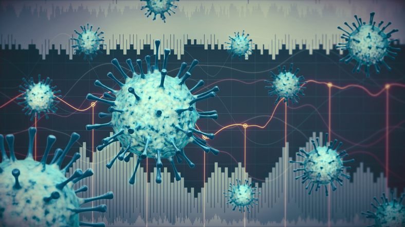 Abstract coronavirus economic infographics concept with charts and graphs in the background and virus cells in the foreground