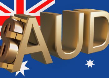 Gilded AUD dollar symbol on the background of the flag of Australia. Finance concept. Rendering 3D.
