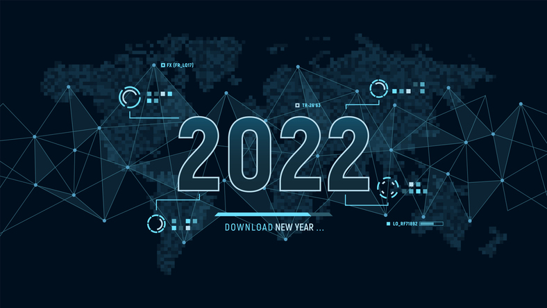Futuristic layout for 2022 year on background with polygons connection structure and world map in pixels. Digital visualization. Business technology concept. Tech wallpaper 2022. Vector illustration