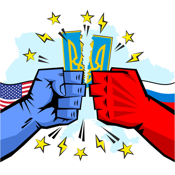 Poster Battle of giants for Ukraine. The clash of powerful fists of the USA and Russia, the broken coat of arms of Ukraine, the shooting stars of the European Union. Illustration, vector
