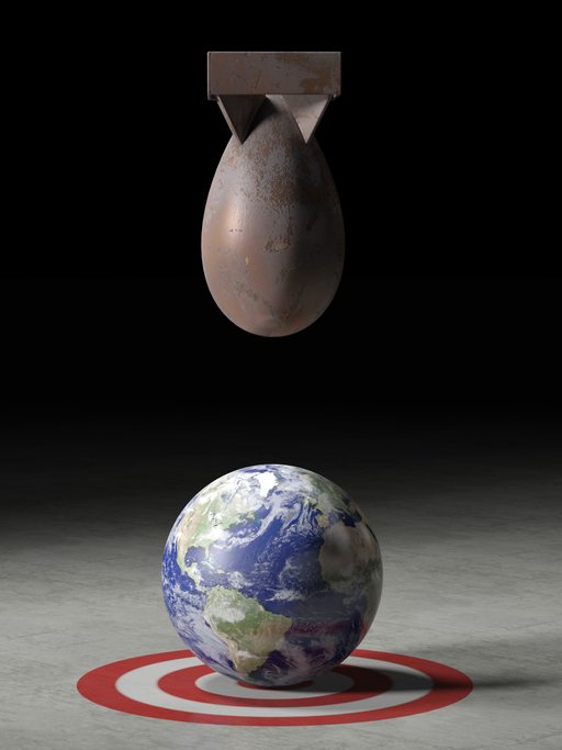 An atomic bomb falling on the Earth over a target. Very high resolution 3D render. Earth texture map courtesy of NASA's Visible Earth Project.
