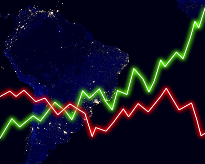 Brazil map stock market chart business background. Elements of this image furnished by NASA.