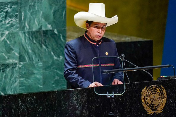 NEW YORK, NEW YORK - SEPTEMBER 21: The President of Peru, Pedro Castillo, addresses the annual gathering in New York City for the 76th session of the United Nations General Assembly (UNGA) on September 21, 2021 in New York City. More than 100 heads of state or government are attending the session in person, although the size of delegations are smaller due to the Covid-19 pandemic. (Photo by Mary Altaffer - Pool/Getty Images)
