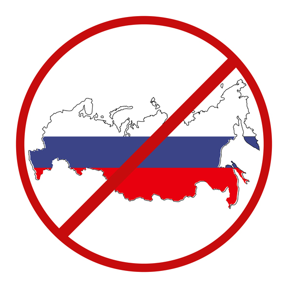 An illustration of Russia map and a red prohibition sign. Travel ban concept. Closed borders due to covid-19 infection. Sanctions.
