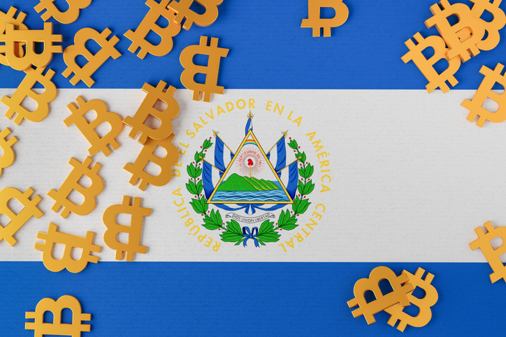 El Salvador flag with Bitcoin icons above it. 3d illustration