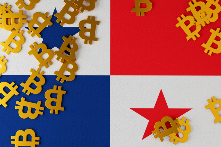 Panama flag with Bitcoin coins above it. 3d illustration
