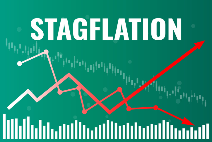 Text Stagflation in the economy on green finance background with graphs, charts, columns, red arrows, candlestick. Financial market concept