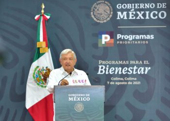 COLIMA, MEXICO - AUGUST 07: Andres Manuel Lopez Obrador President of Mexico speaks during 'Sembrando Vida' Program on August 7, 2021 in Colima, Mexico. Mexican President Lopez Obrador presented the strategy to face the migration phenomenon from Central America by offering rural communities an economic compensation in exchange of planting and caring for trees on their plots in an attempt to also fight rural poverty and environmental degradation. (Photo by Leonardo Montecillo/Agencia Press South/Getty Images)