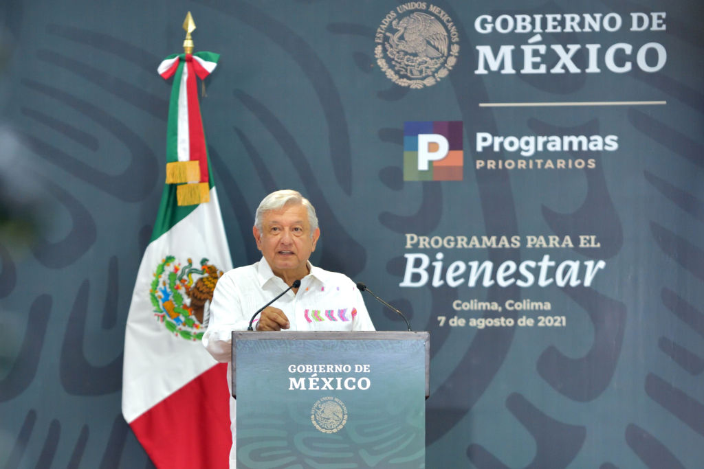 COLIMA, MEXICO - AUGUST 07: Andres Manuel Lopez Obrador President of Mexico speaks during 'Sembrando Vida' Program on August 7, 2021 in Colima, Mexico. Mexican President Lopez Obrador presented the strategy to face the migration phenomenon from Central America by offering rural communities an economic compensation in exchange of planting and caring for trees on their plots in an attempt to also fight rural poverty and environmental degradation. (Photo by Leonardo Montecillo/Agencia Press South/Getty Images)