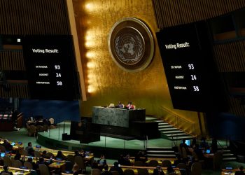 The board showing the passage of the resolution during a UN General Assembly vote on a draft resolution seeking to suspend Russia from the UN Human Rights Council in New York City on April 7, 2022. (Photo by TIMOTHY A. CLARY / AFP) (Photo by TIMOTHY A. CLARY/AFP via Getty Images)