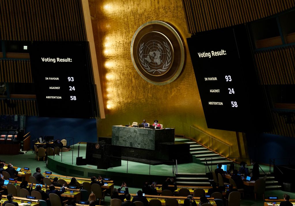The board showing the passage of the resolution during a UN General Assembly vote on a draft resolution seeking to suspend Russia from the UN Human Rights Council in New York City on April 7, 2022. (Photo by TIMOTHY A. CLARY / AFP) (Photo by TIMOTHY A. CLARY/AFP via Getty Images)