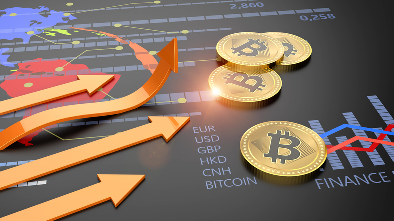 Cryptocurrency Bitcoin and financial banking market with a growing virtual currency
