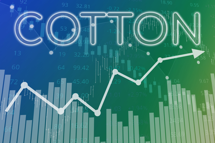 Word Cotton on blue and green finance background from graphs, charts. Trend Up and Down. Financial market concept